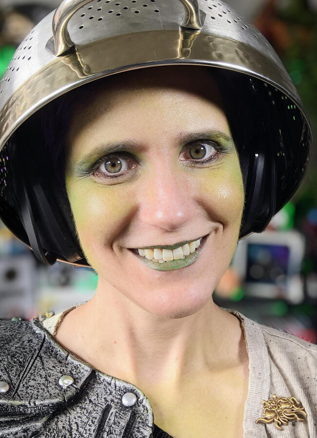 Actual Play makeup of Roxie, the half-orc paladin of the Flying Spaghetti Monster who has appeared in a number of charity games.