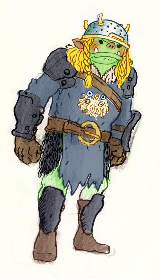 Roxie is a half-orc paladin of the Flying Spaghetti Monster who has appeared in a number of charity games. Art by Ross Setterfield