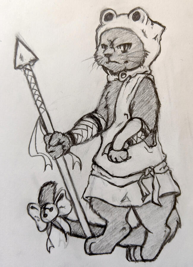Ser Alistar, or Ali for short, is a disgraced Internet sensation cat who was turned into a Tabaxi against his will. He is now a monk, seeking to return to his previous, easy life. Art by Kay Purcell